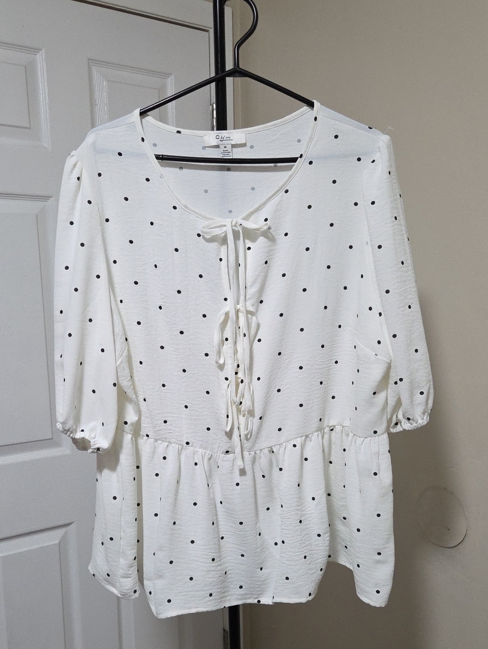 C By One Plus Size Tie-Front Polka Dot Peplum Tunic - White/Black